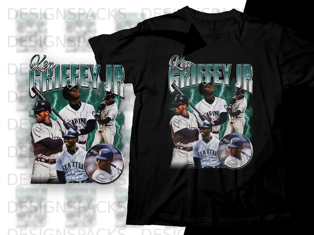 T-shirt with Ken Griffey Jr. baseball collage and Seattle Mariners logos.