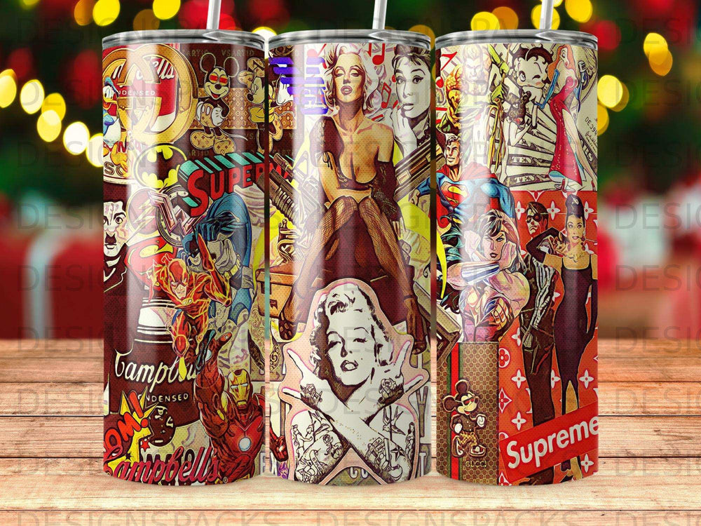 Collage of pop culture icons including Marilyn Monroe, Batman, and Supreme logo.