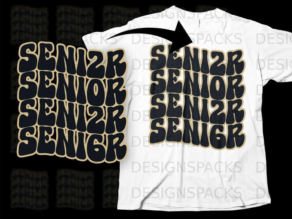 Black and gold "SENIOR" text on a white t-shirt.