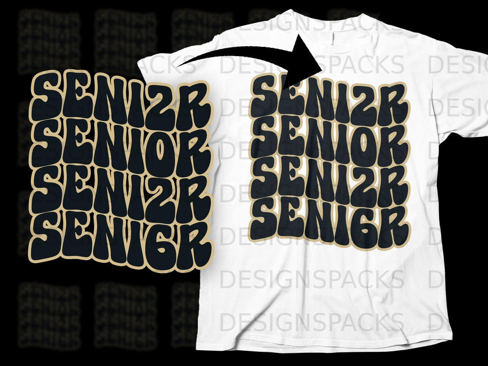 Black and gold "SENIOR" text on a white t-shirt.