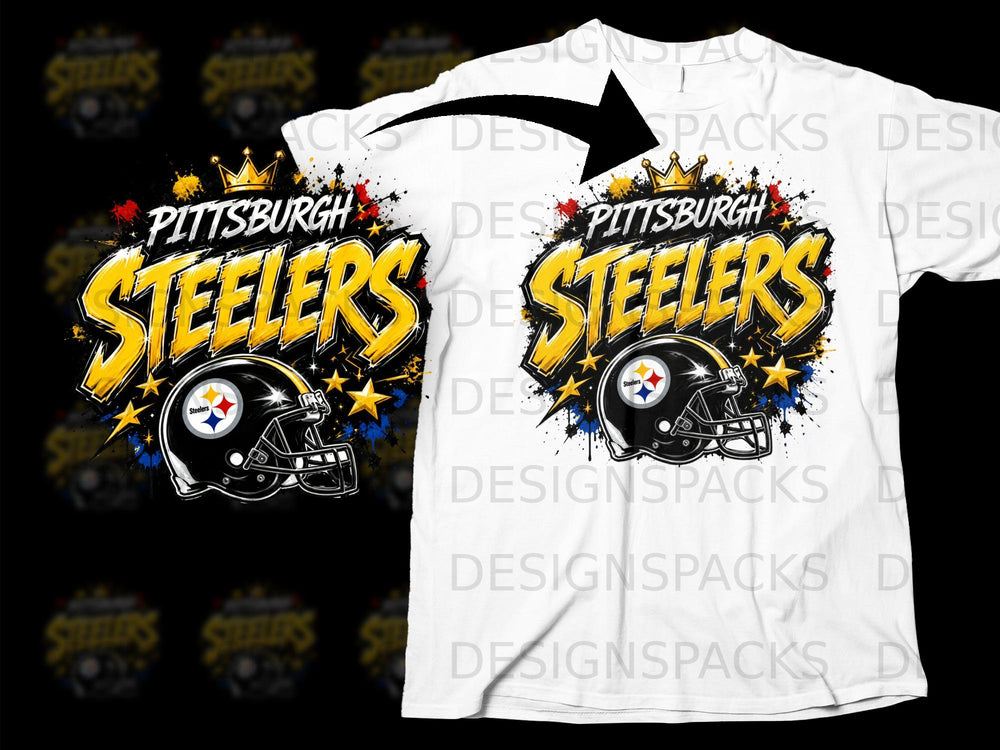 Pittsburgh Steelers helmet and bold text logo with a crown and stars.