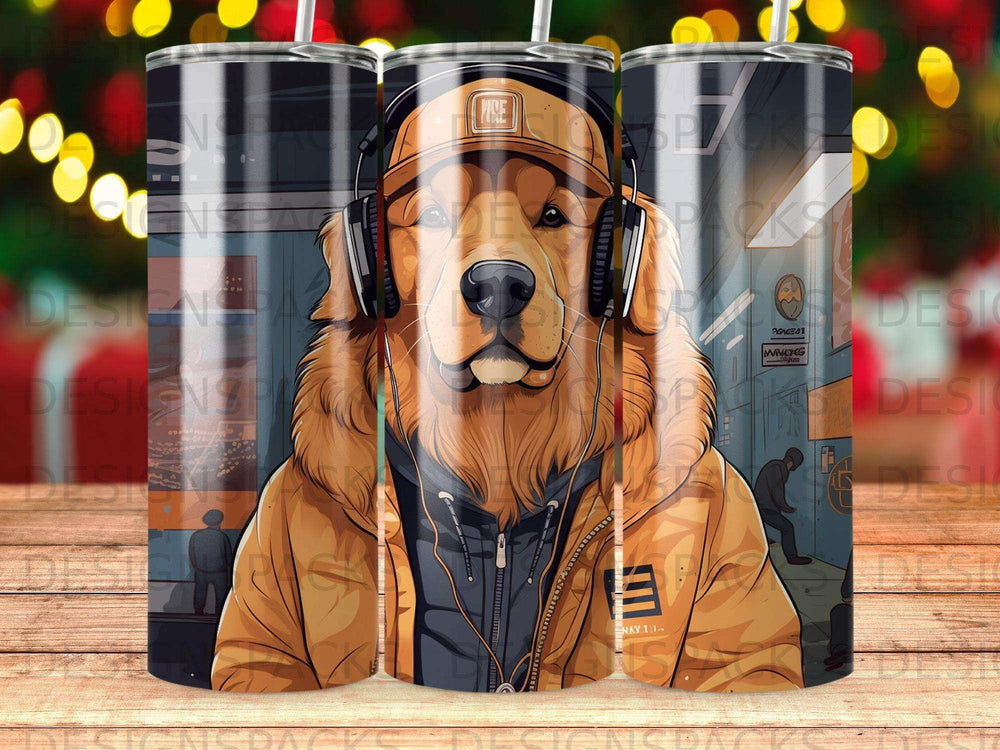 Golden retriever wearing headphones and a jacket, with city background.