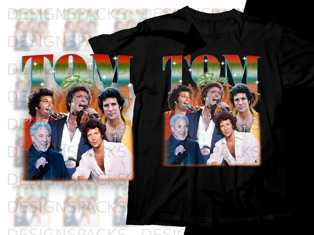 Tom Jones graphic on black t-shirt with collaged photos of him.