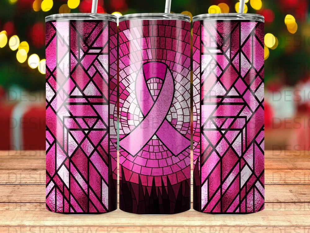 Pink mosaic stained glass tumbler with a pink breast cancer awareness ribbon.