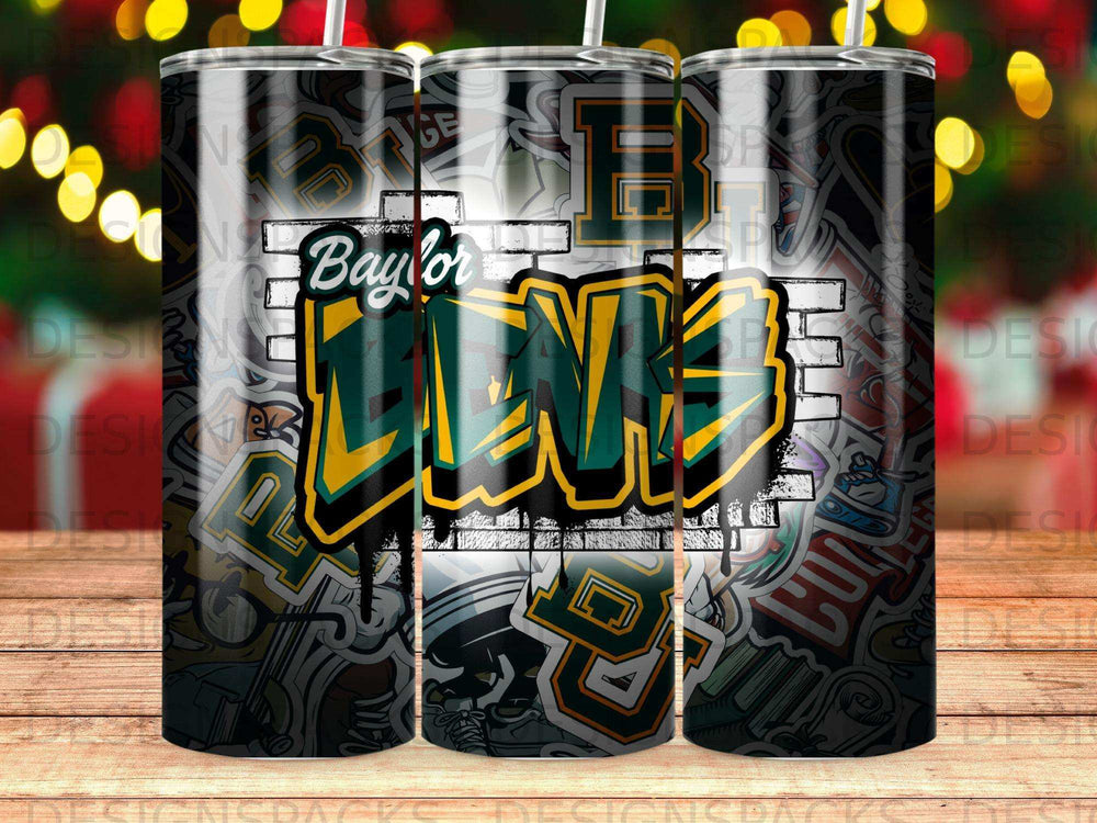 Baylor Bears graffiti-style tumbler with repeating logo and brick pattern.