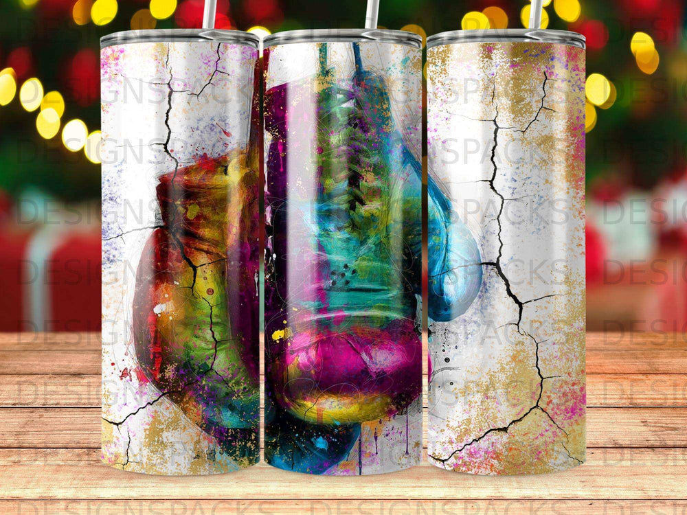Faded boxing gloves hang against a colorful, cracked background with bokeh lights.
