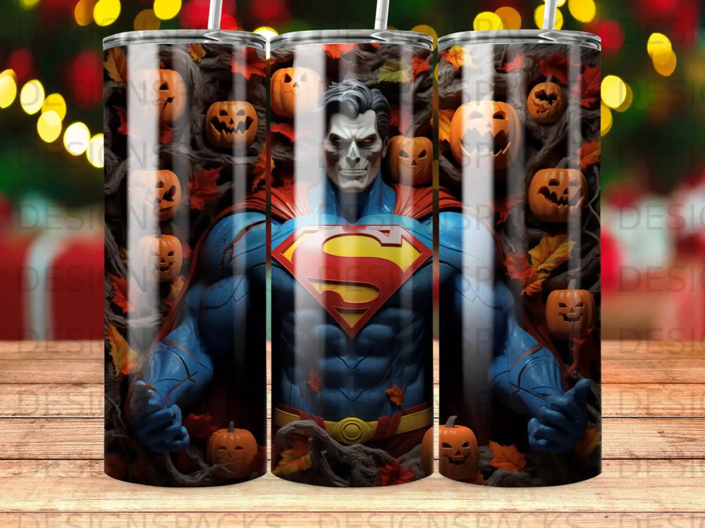 Superman surrounded by pumpkins and fall leaves.