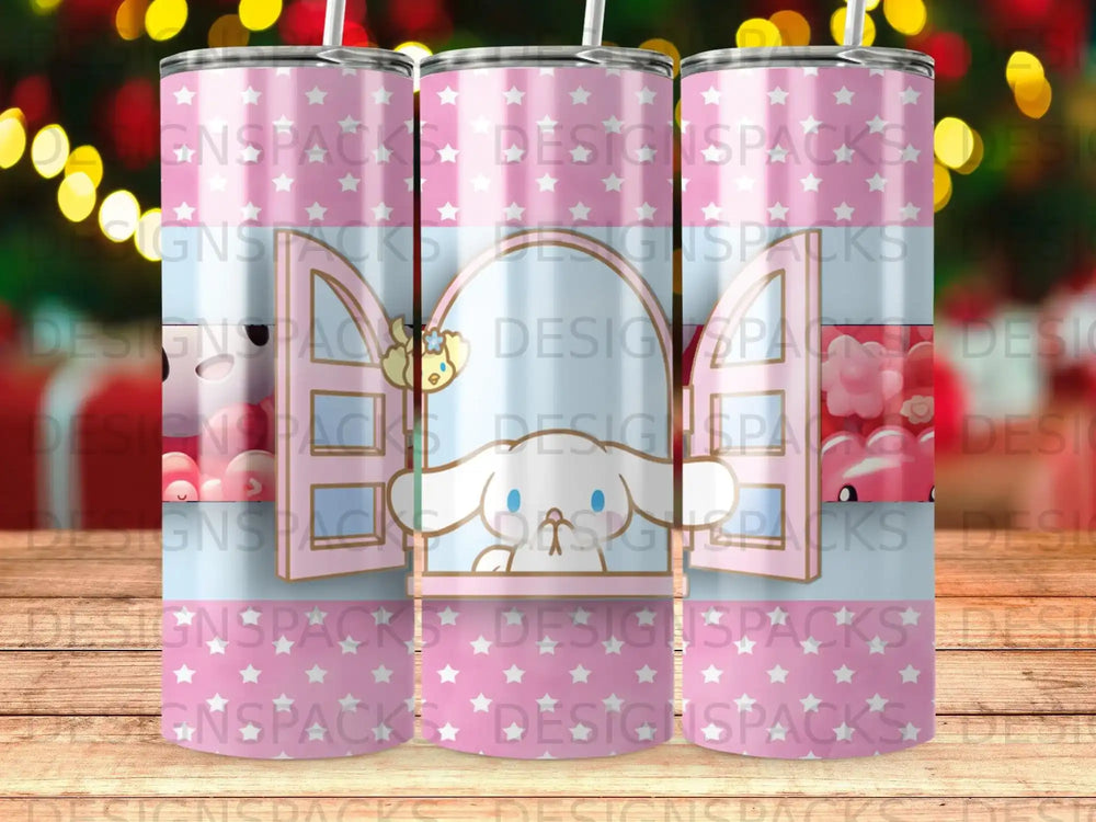 Pink tumbler with Hello Kitty peeking through a window, stars, and watermarks.