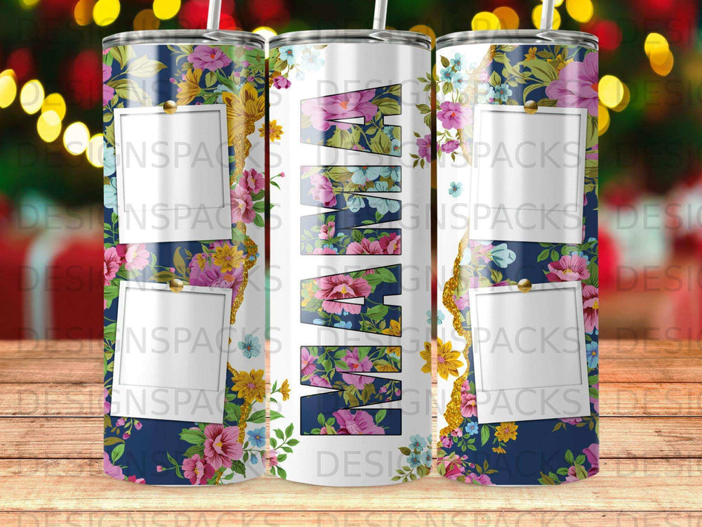 Floral "Mama" tumbler with three frame photo placeholders.
