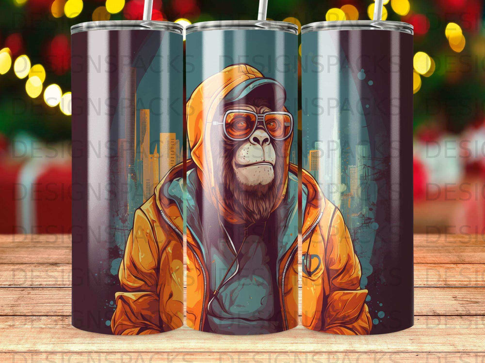 Gorilla in orange hoodie and sunglasses, cool, hip hop style, on a tumbler.