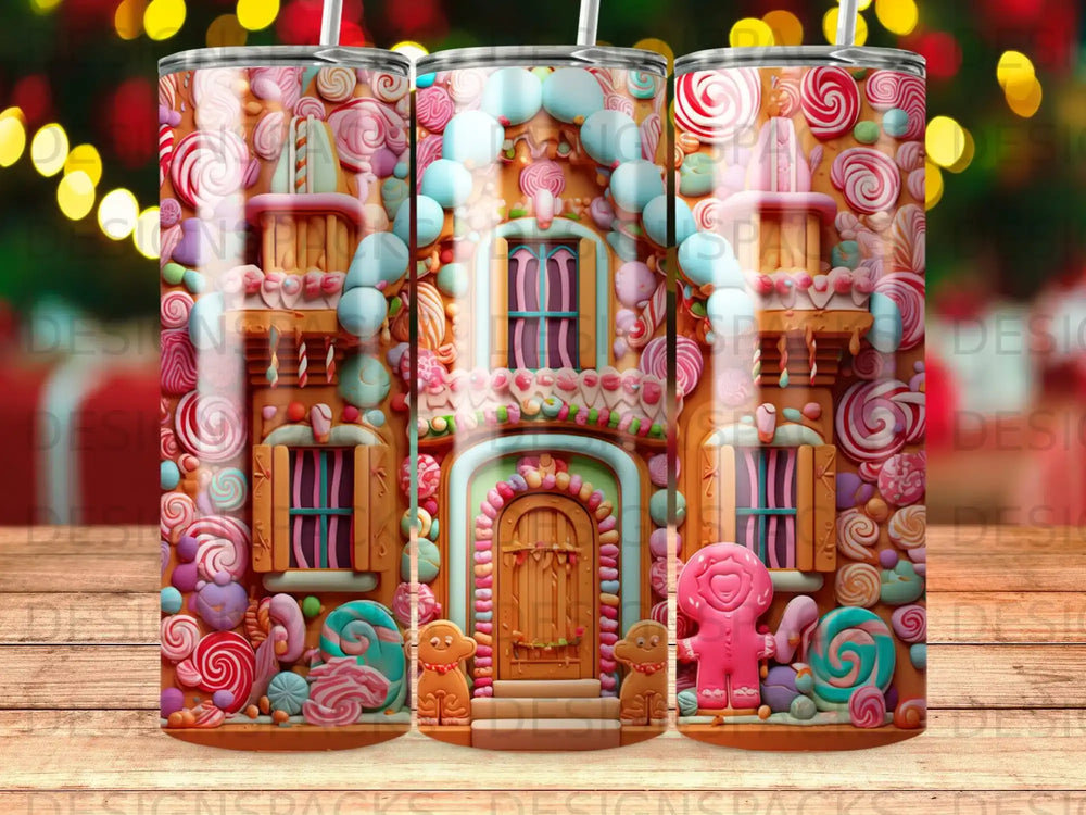 Gingerbread house design with candy and gingerbread people on a tumbler.