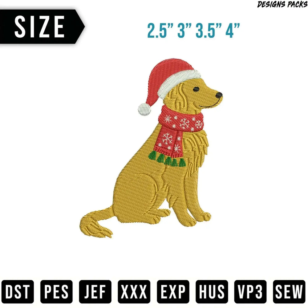 Golden retriever wearing a Santa hat and festive scarf, sizes shown.