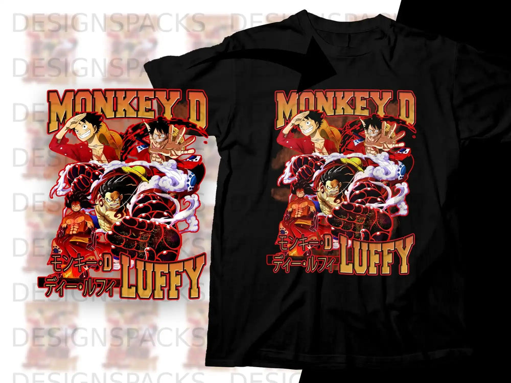 Monkey D. Luffy from One Piece featured on a black t-shirt graphic.