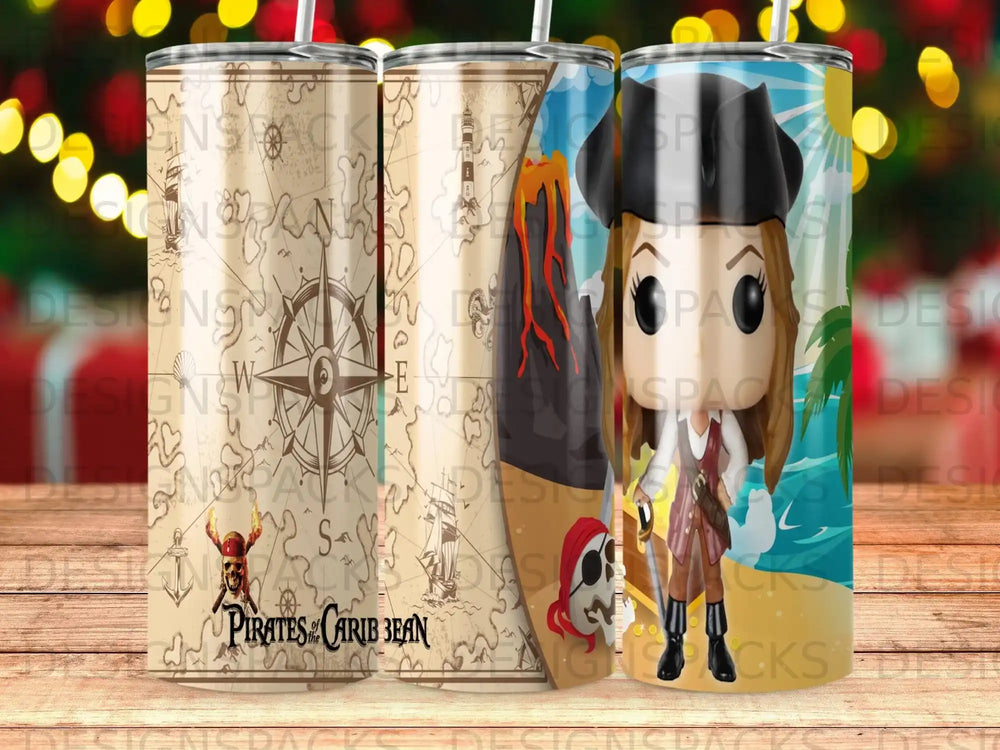 Pirates of the Caribbean themed tumbler with pirate character and treasure map.