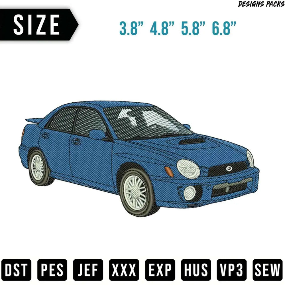 Blue Subaru WRX car outline with size options and embroidery file types.