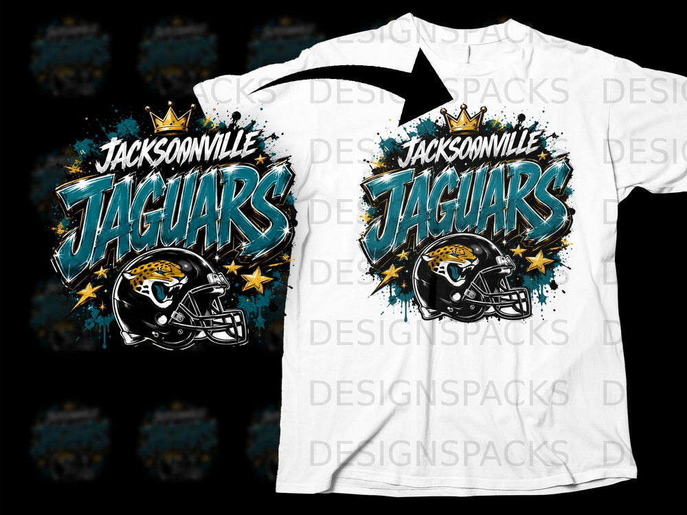 Jacksonville Jaguars graphic with football helmet and crown on white t-shirt.