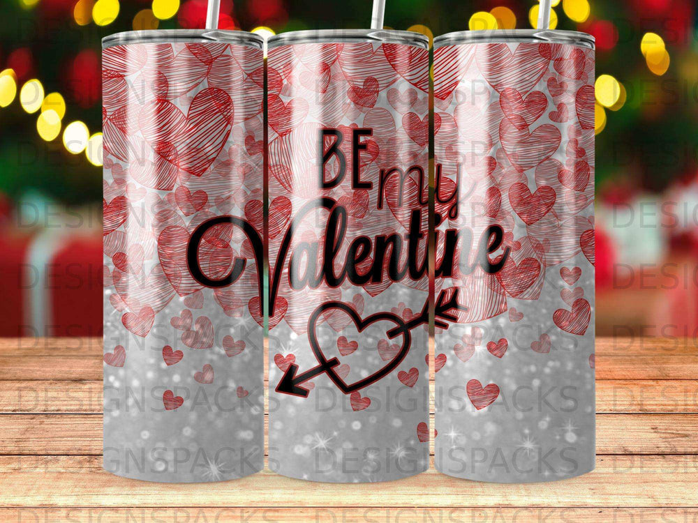 Red heart pattern tumbler with "Be My Valentine" text and arrow through heart.