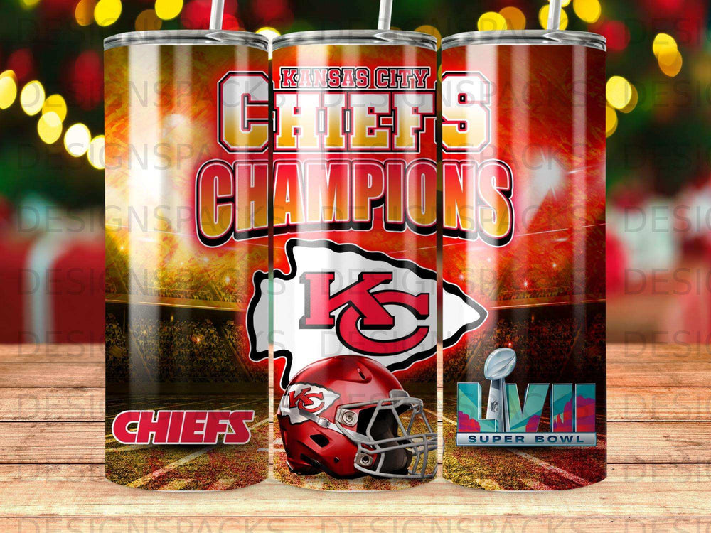 Kansas City Chiefs Super Bowl champions tumbler with team logo and helmet.
