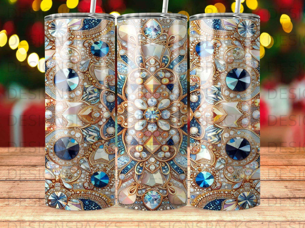 Three tumblers with ornate jewel and metallic mandala designs.