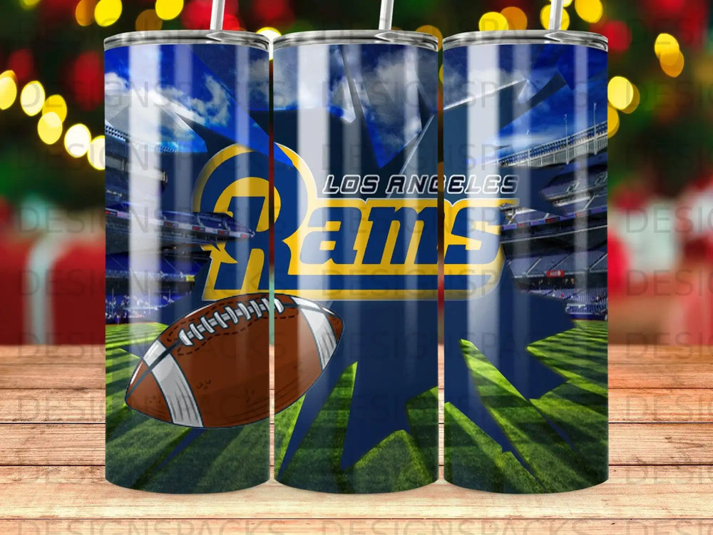 Los Angeles Rams football tumbler with stadium background and football.