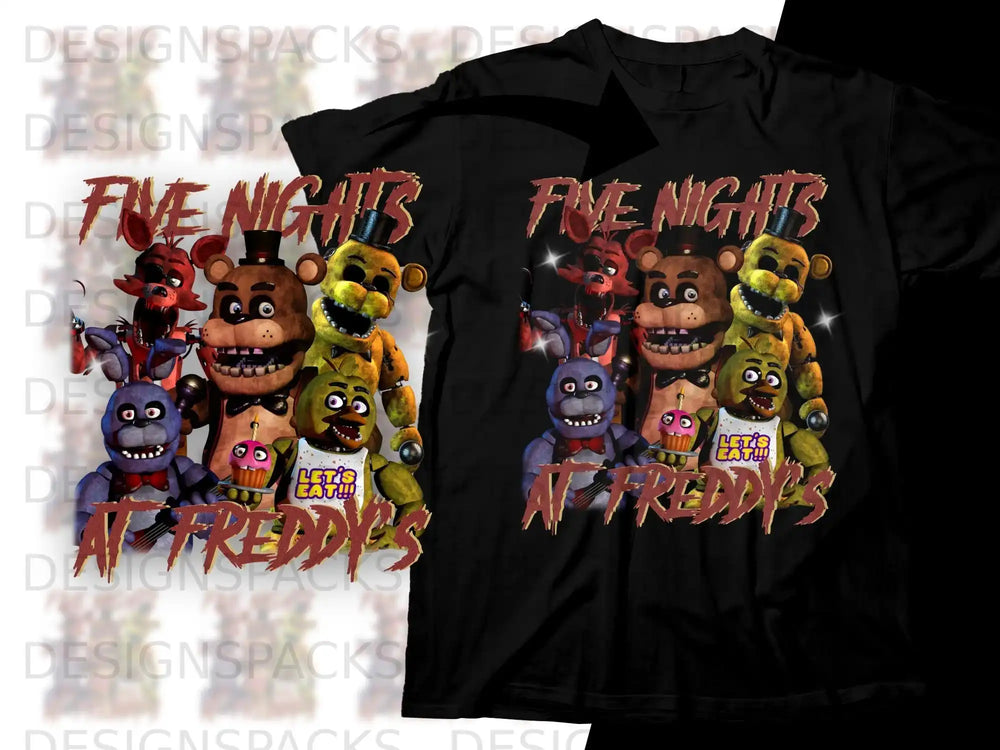 Five Nights at Freddy's characters on a black t-shirt.