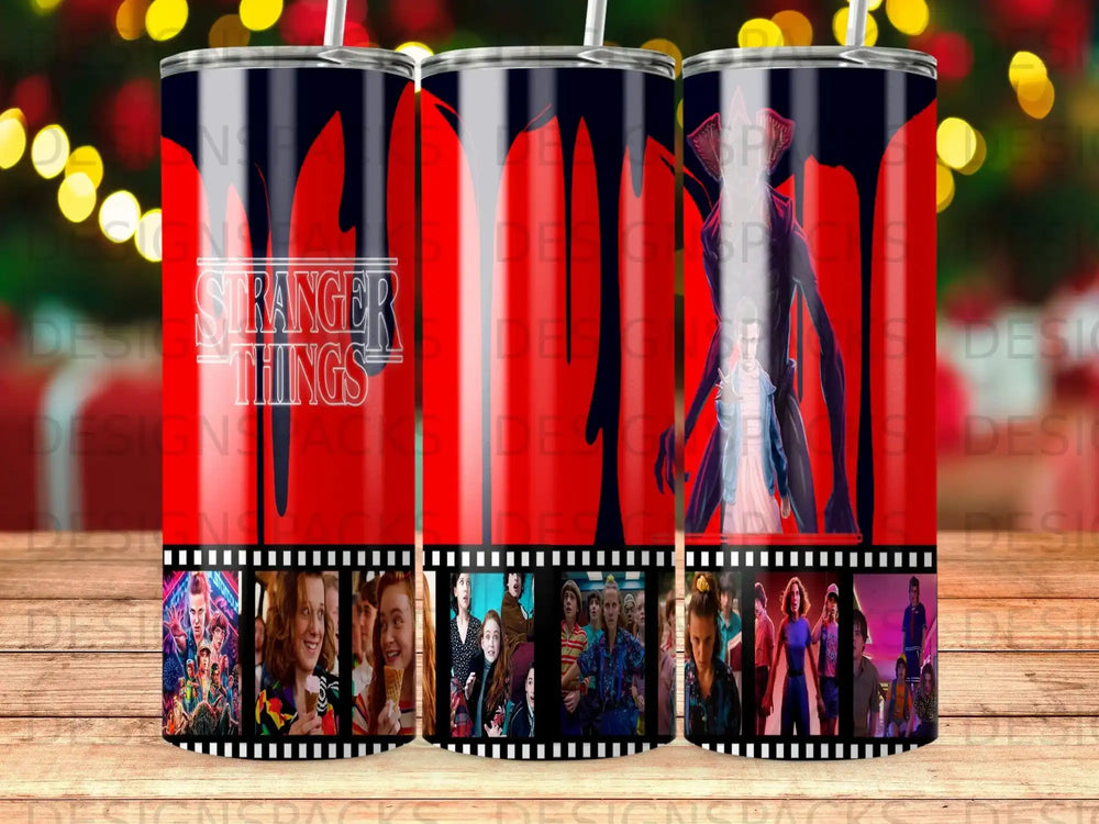 Stranger Things themed tumbler with characters and the show's logo.