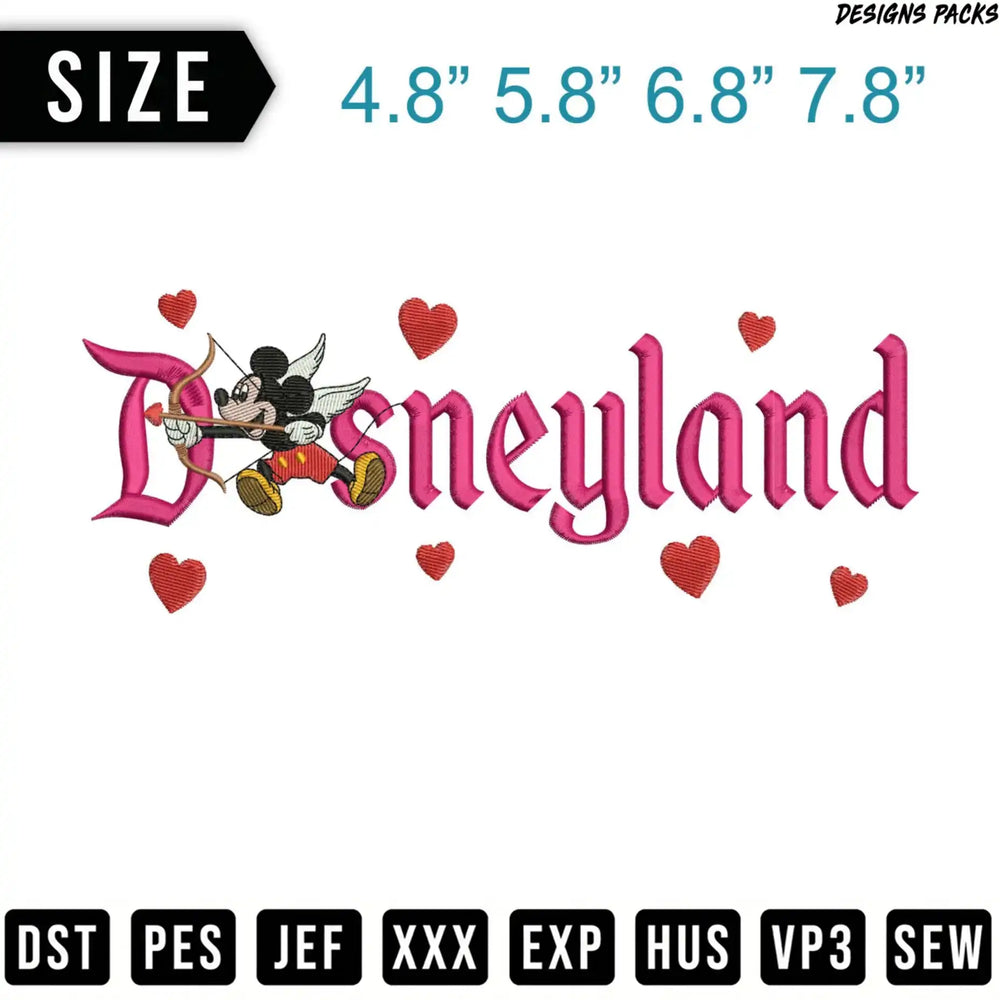 Disneyland logo with Mickey Mouse, hearts, and size options.