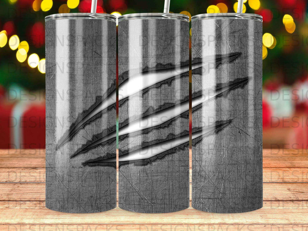 Gray textured tumbler with claw marks and a white line background.