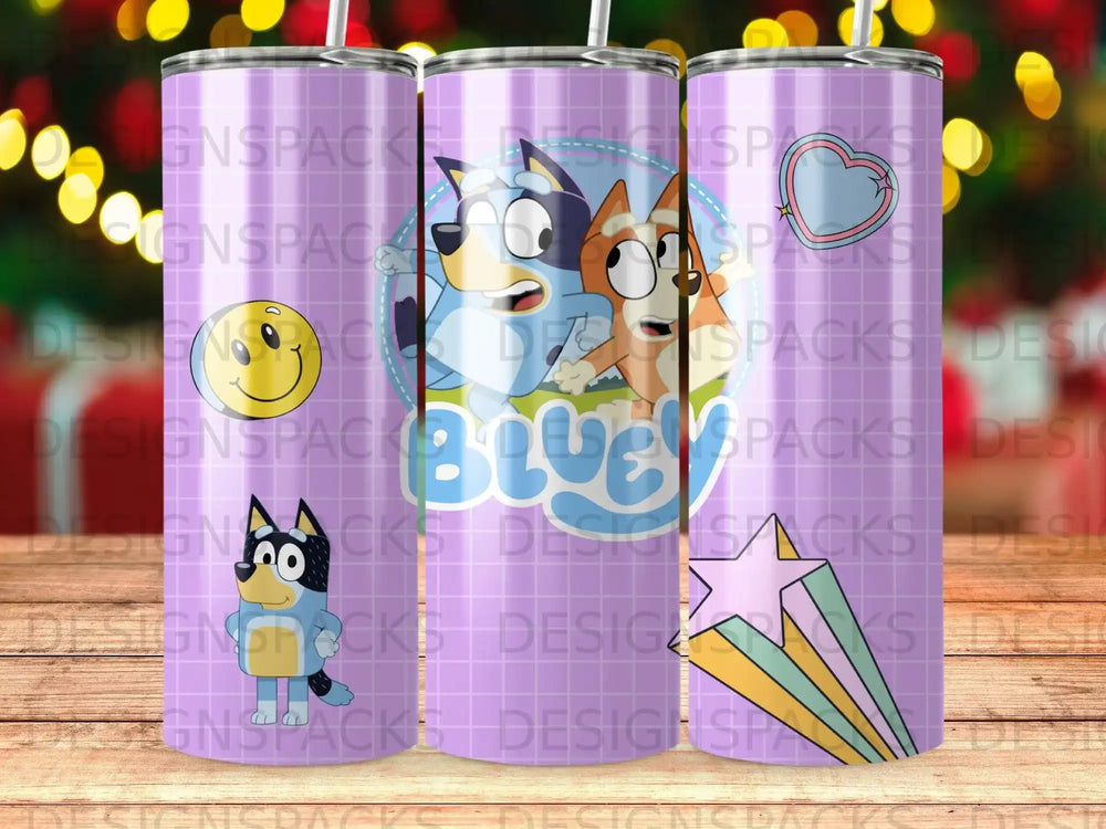 Bluey and Bingo characters on a purple patterned tumbler with stars.