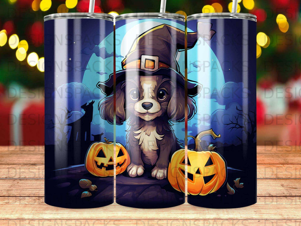 Dark spooky Halloween scene with dog in witch hat and pumpkins.