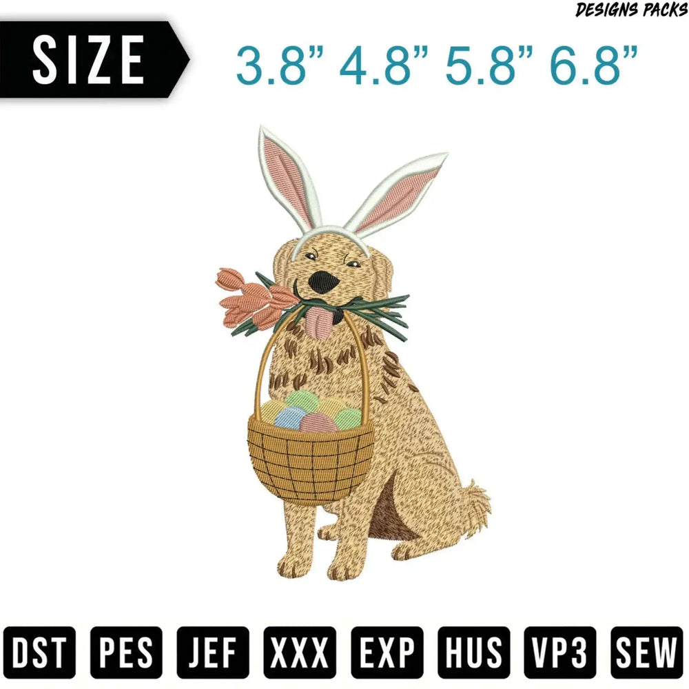 Golden retriever with bunny ears and Easter basket, designs pack sizes shown.