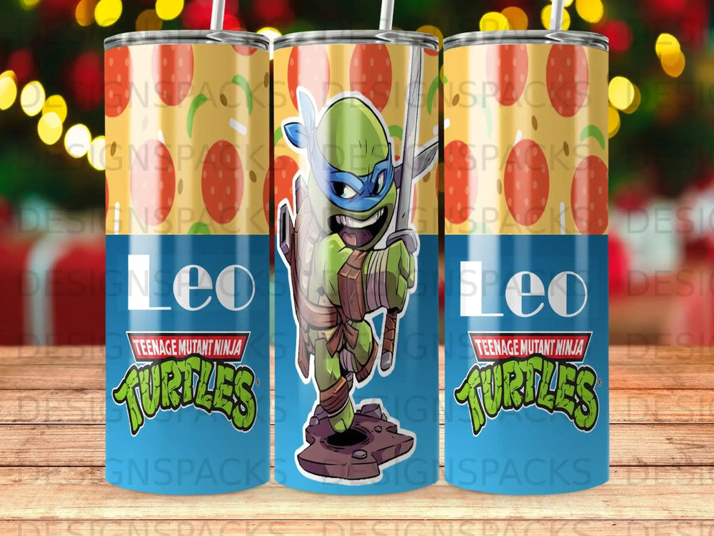 Teenage Mutant Ninja Turtles Leo on a tumbler with repeated TMNT logos.
