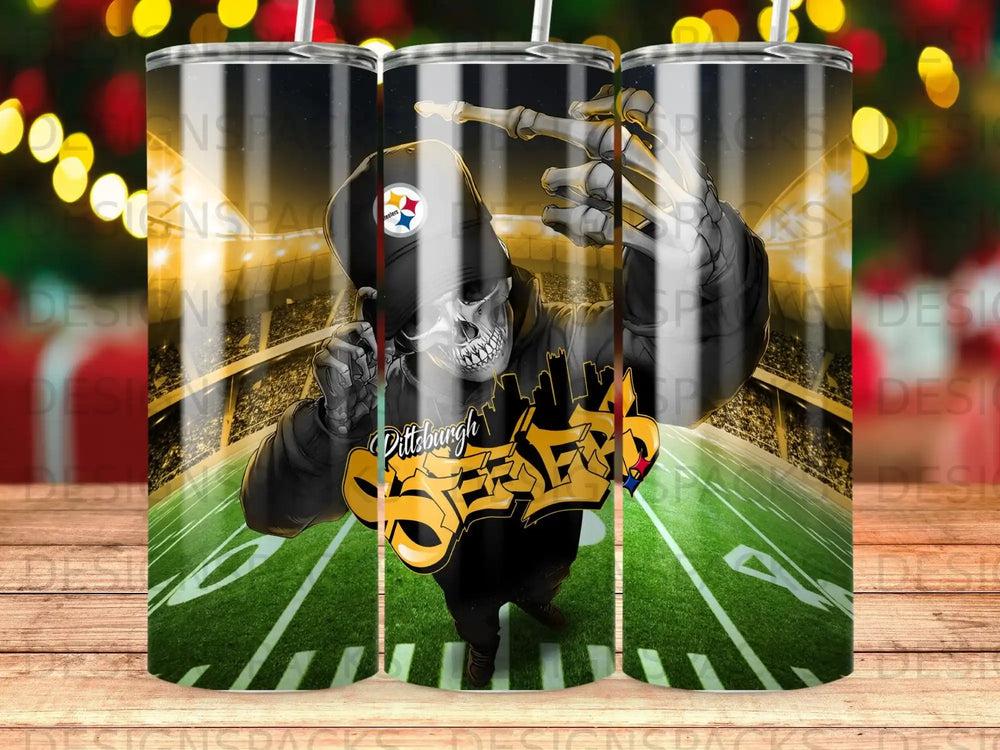 Pittsburgh Steelers skeleton with football field background.