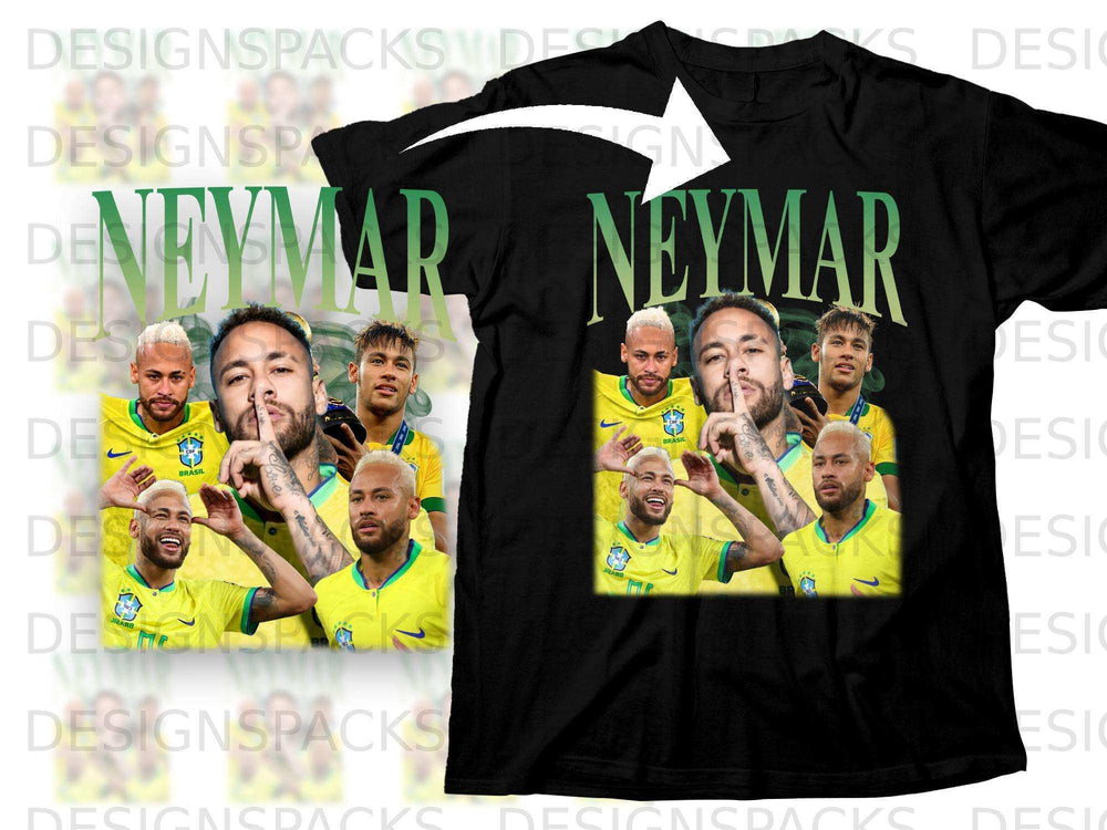 Black t-shirt featuring multiple images of Neymar Jr. and "Neymar" text.