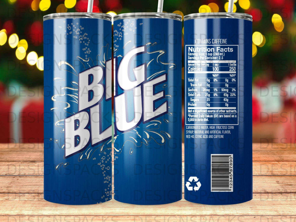 "Big Blue" soda can with nutritional facts label.