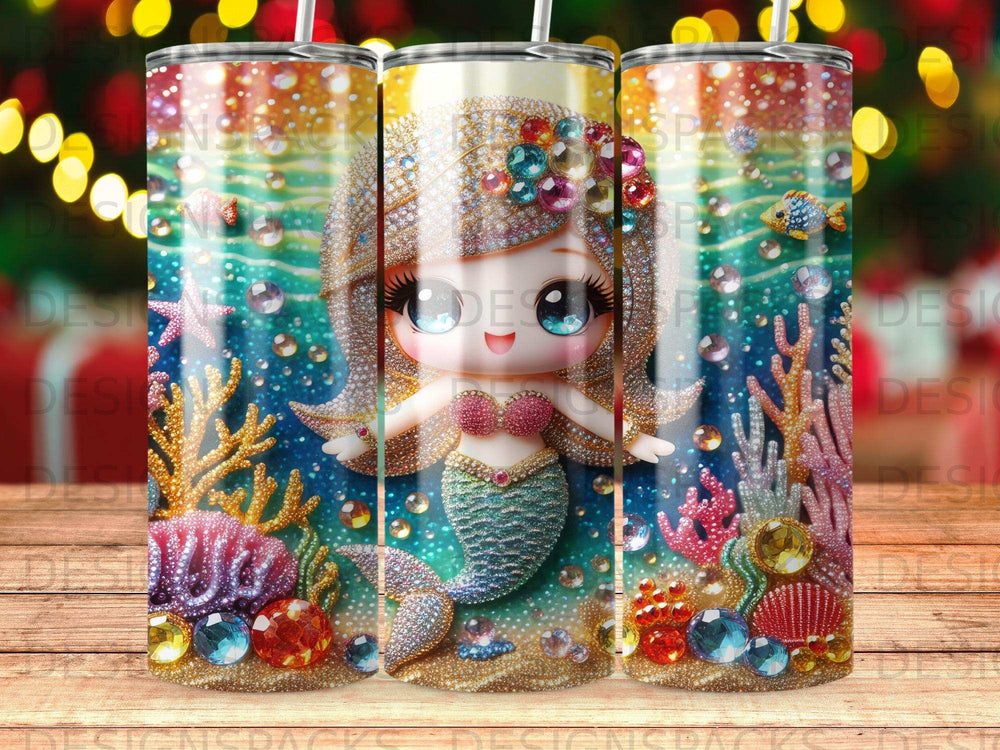 Glittering cartoon mermaid with colorful tail and jewelry, surrounded by coral and fish.