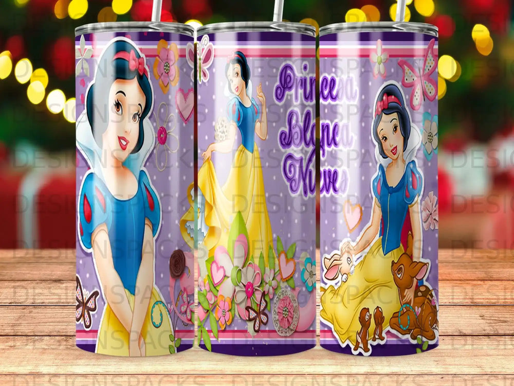 Snow White and woodland creatures on a purple tumbler with flowers and sparkle.