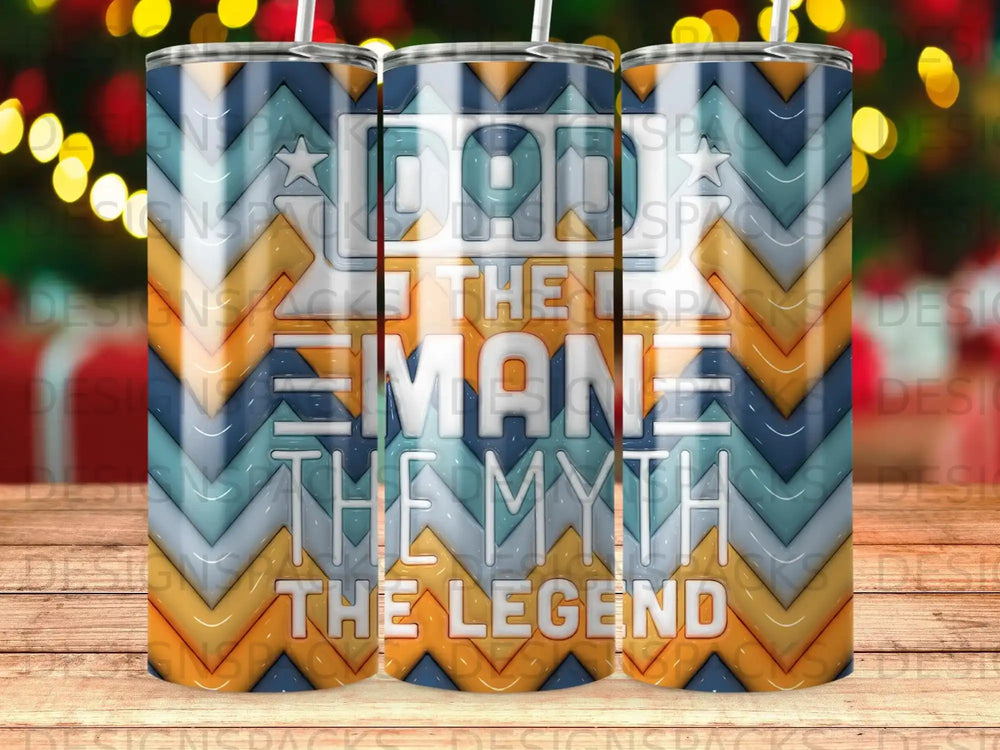 Dad the Man the Myth the Legend tumbler with blue, gold, and tan chevron background.
