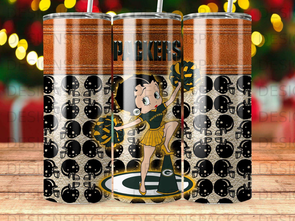 Betty Boop in Packers uniform with team logo on tumbler.
