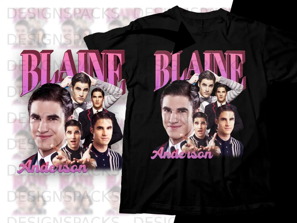 Collage of Darren Criss as Blaine Anderson on a black t-shirt.