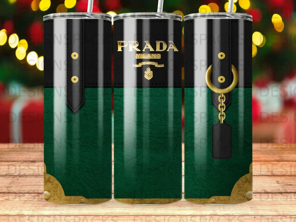 Prada Milan tumbler with gold accents and green leather texture.