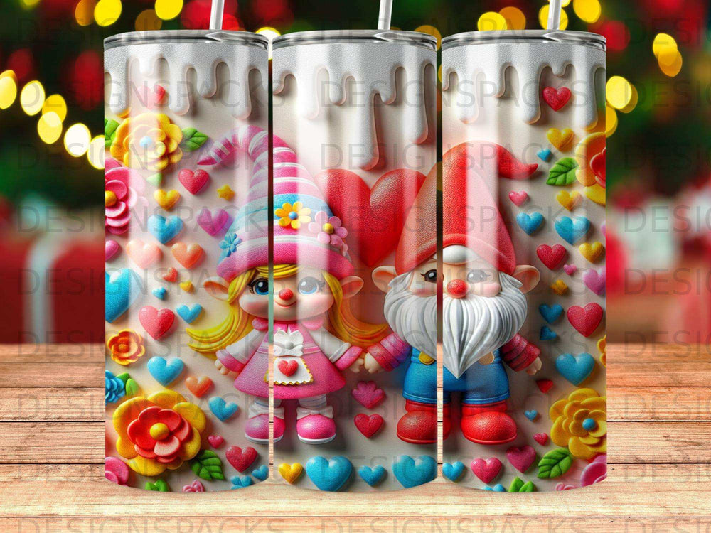 Cartoon gnomes with hearts and flowers, holding hands.