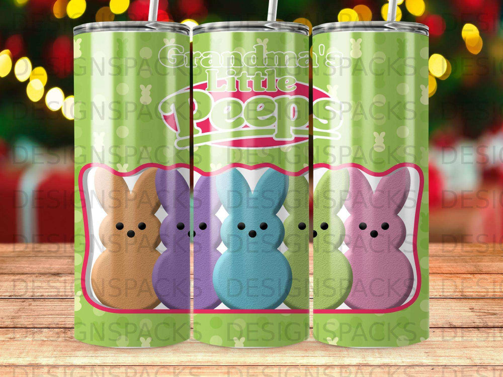 Green tumbler with "Grandma's Little Peeps" and pastel bunny silhouettes.