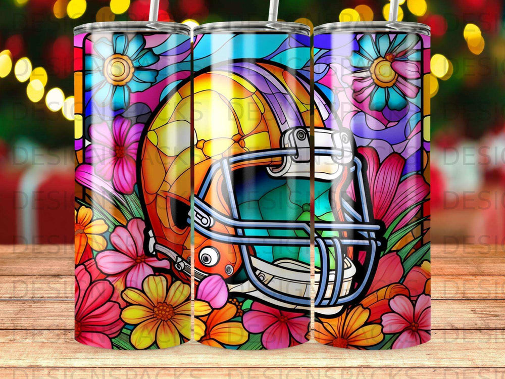 Colorful stained glass football helmet design with flowers.