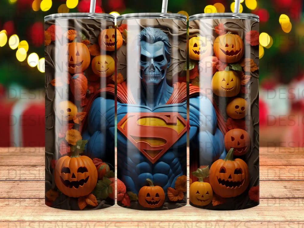 Superman skeleton in a cape surrounded by pumpkins.