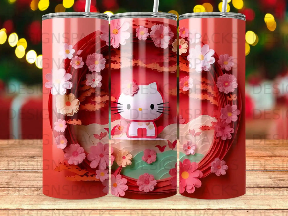 Three tumblers featuring Hello Kitty surrounded by cherry blossoms and clouds.