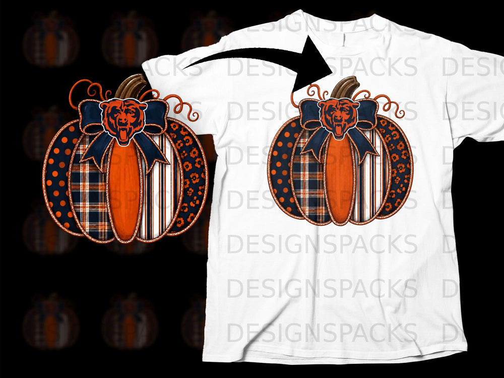 Chicago Bears logo on a patchwork pumpkin with orange and navy patterns.