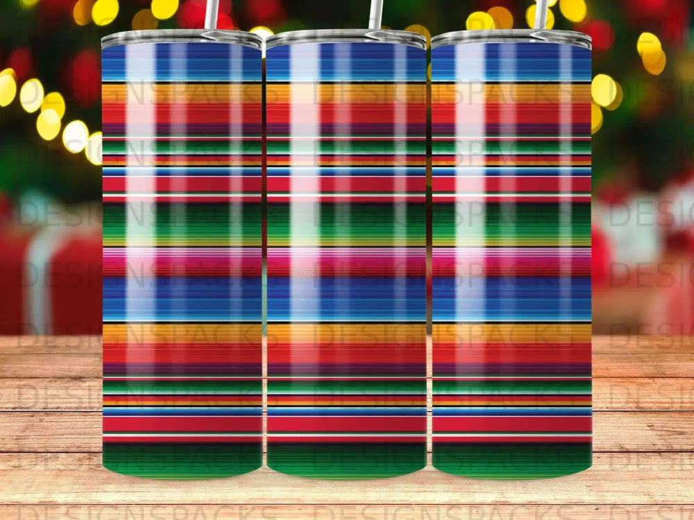 Striped tumbler with rainbow-colored horizontal bands.
