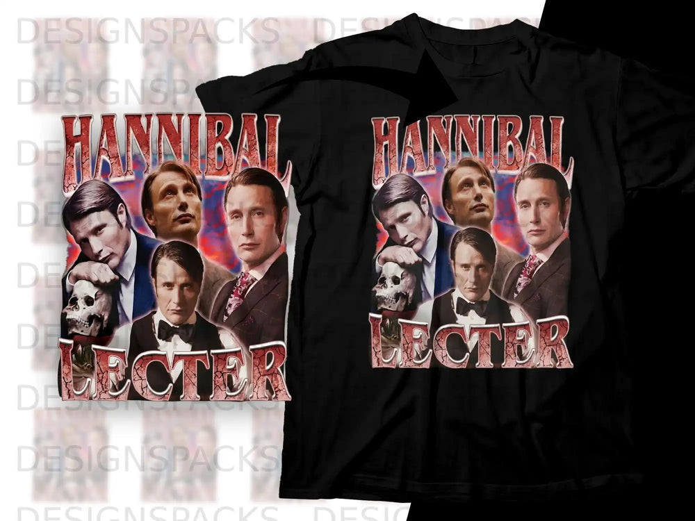 Hannibal Lecter t-shirt with movie cast collage and skull graphic.