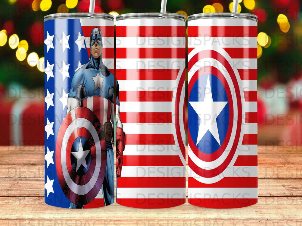 Captain America tumbler with American flag design.